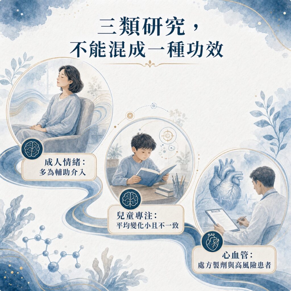 高 EPA 在成人情緒、兒童專注與處方心血管試驗中的不同研究情境。