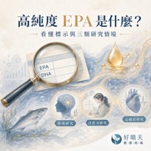 高純度 EPA 文章封面,以標示、魚油成分與三類研究情境為主題。
