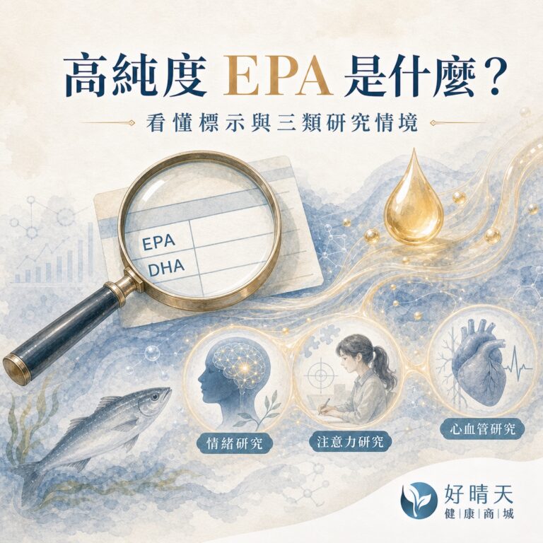 高純度 EPA 文章封面，以標示、魚油成分與三類研究情境為主題。