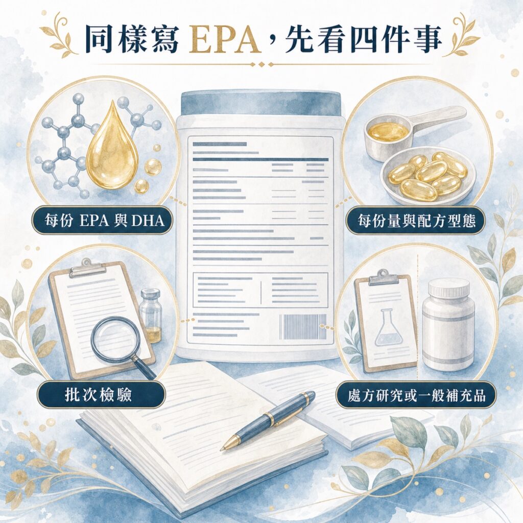 比較 EPA 標示、配方、批次檢驗與處方研究情境的閱讀圖。