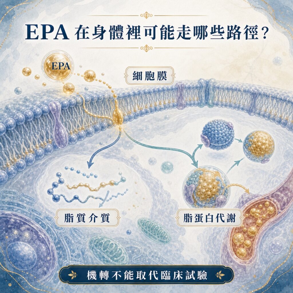 EPA 與細胞膜、脂質介質及脂蛋白代謝的理論路徑示意圖。