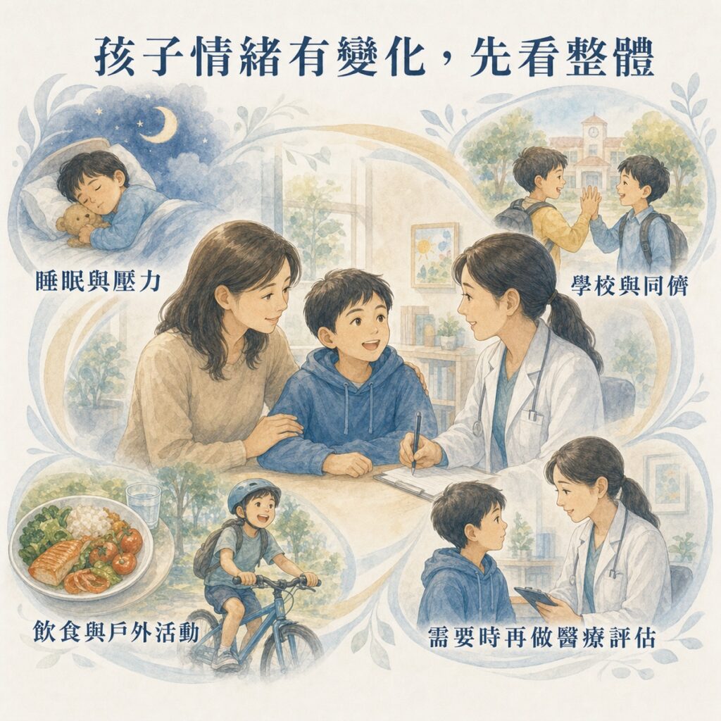 孩子情緒改變時從睡眠、學校、飲食活動與醫療評估整體理解。
