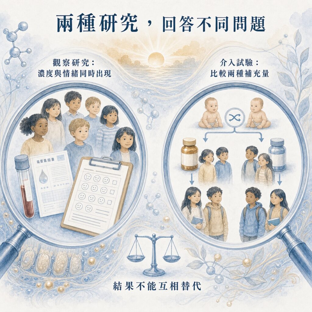 觀察研究與補充試驗回答不同問題的兒童維生素 D 研究圖。
