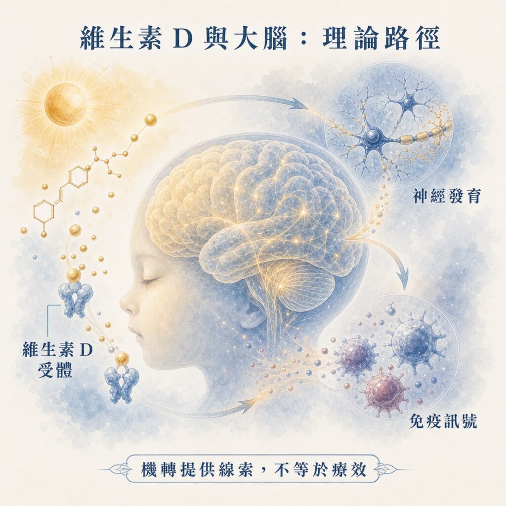 維生素 D 受體、神經發育與免疫訊號的理論路徑示意圖。