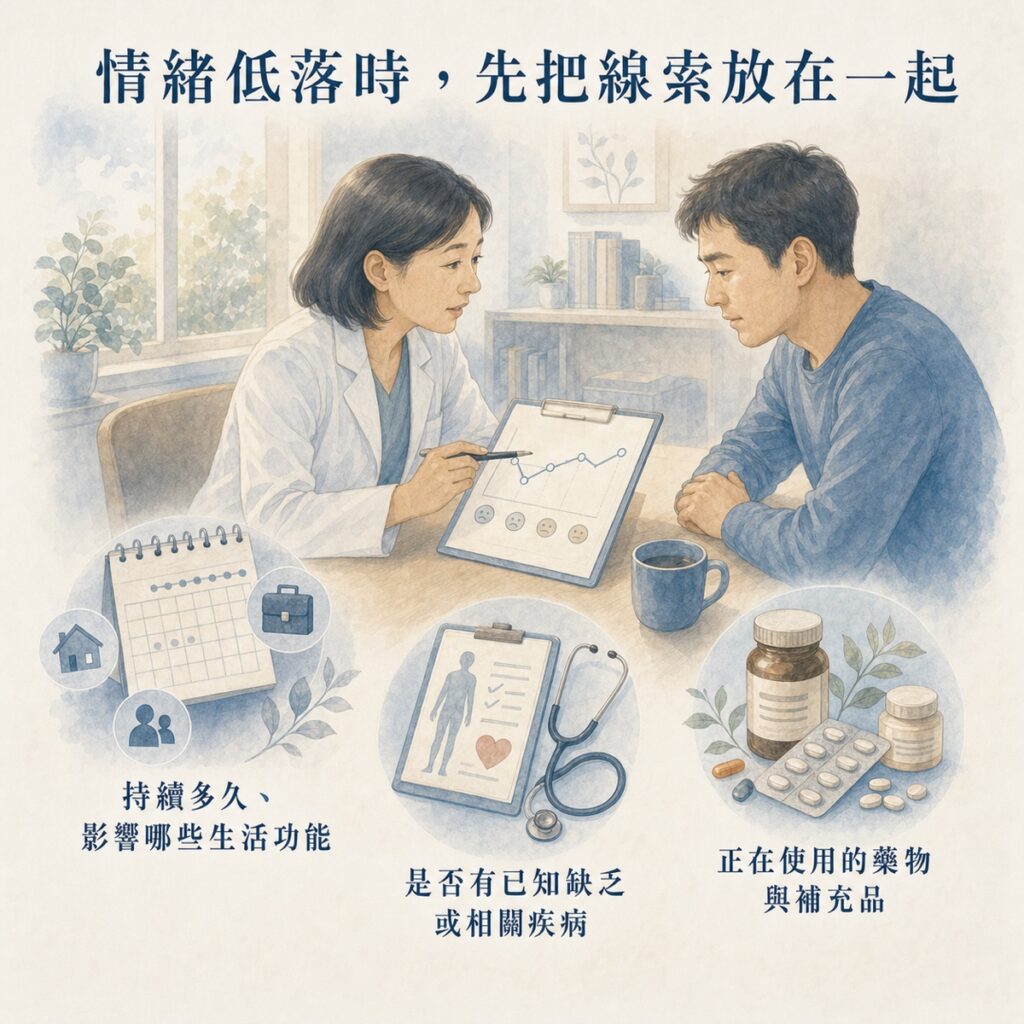 情緒低落評估整合症狀時間、已知缺乏與藥物補充品資訊。