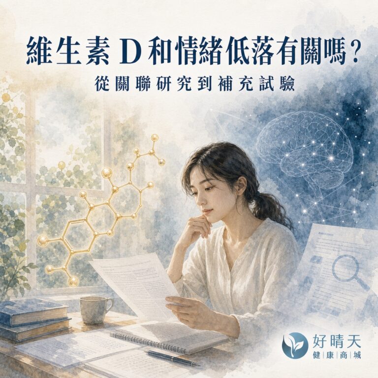 維生素 D 與情緒低落研究文章封面，呈現日光、大腦訊號與研究資料。