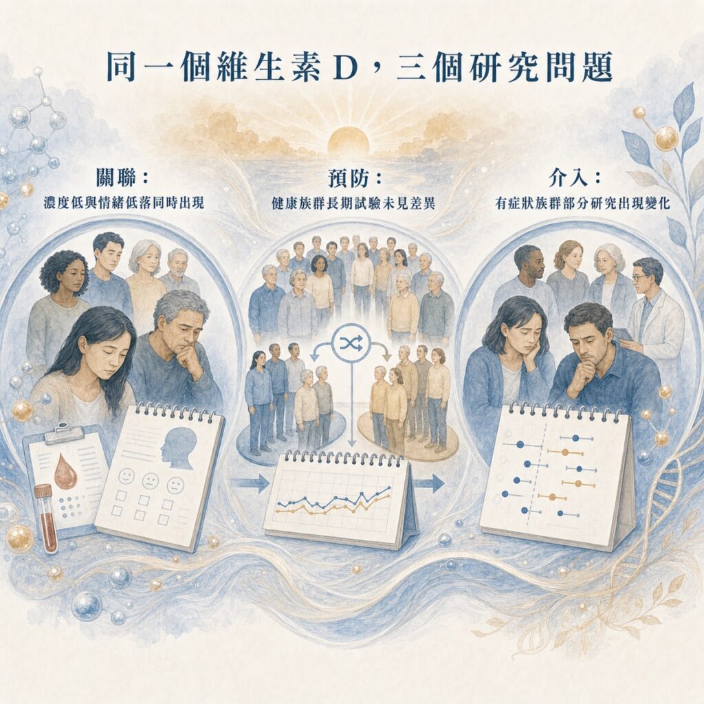 維生素 D 的關聯研究、健康族群預防試驗與有症狀族群介入研究比較。