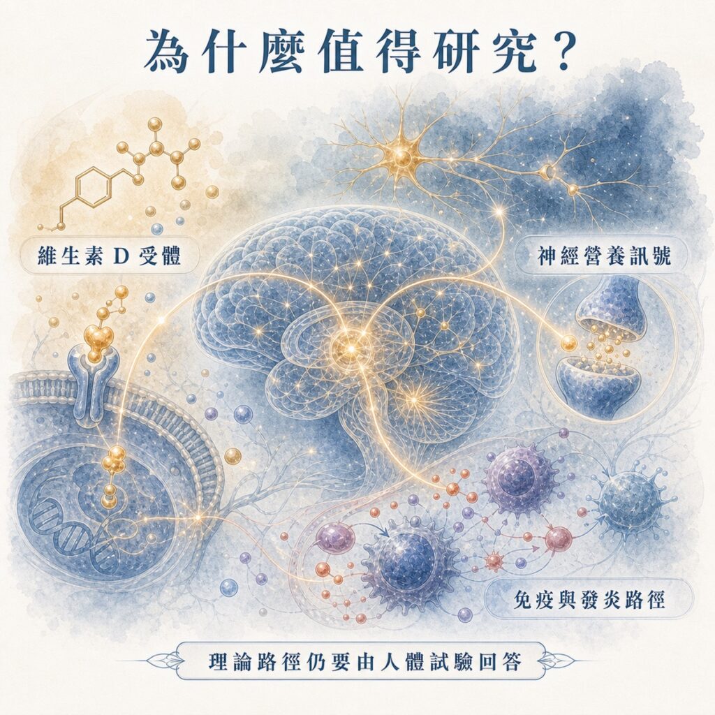 維生素 D 受體、神經營養與免疫發炎路徑的情緒研究示意圖。