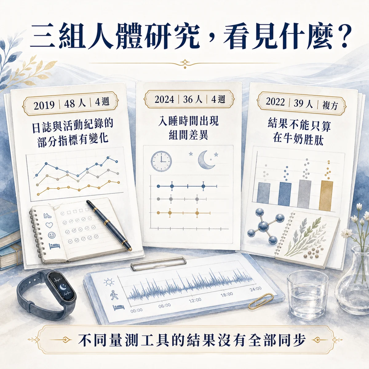 2019、2024 與 2022 年牛奶胜肽人體研究的對象、時間與主要觀察