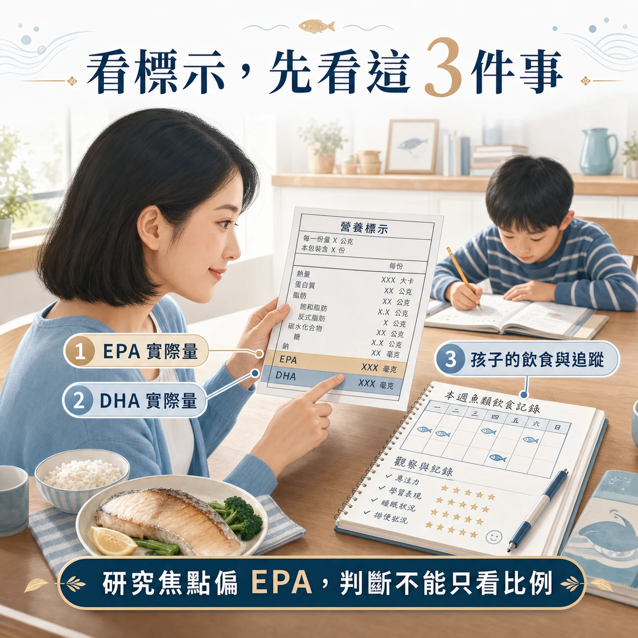 家長閱讀兒童魚油EPA與DHA標示及追蹤狀況的三個重點