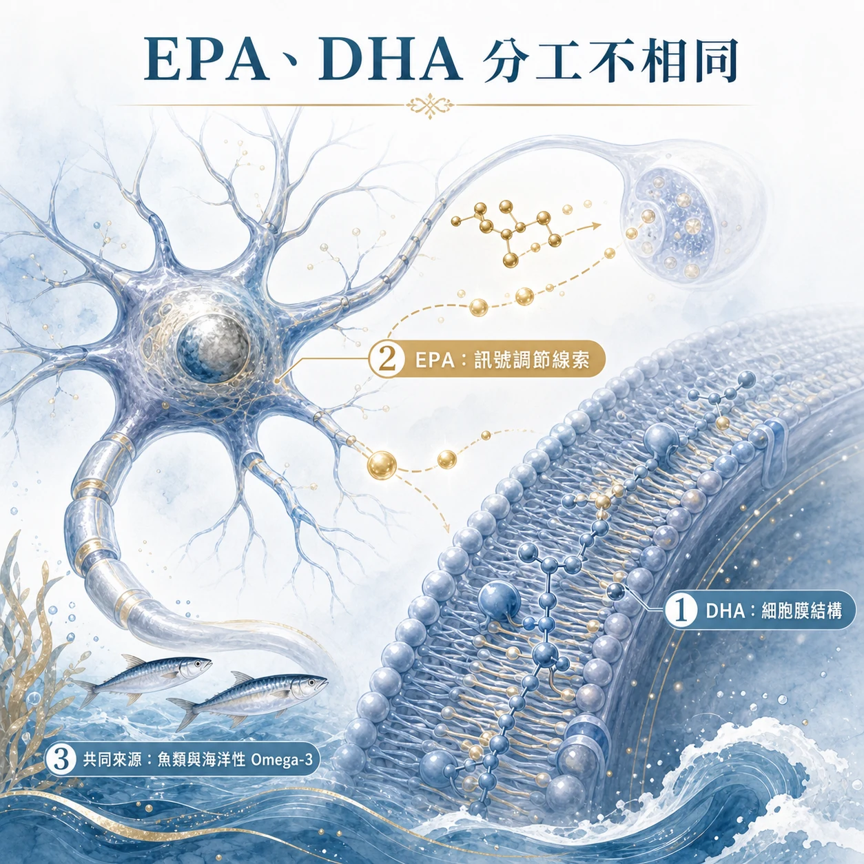 EPA與DHA在兒童大腦研究中的不同角色示意圖