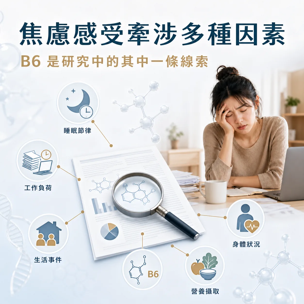 焦慮感受牽涉睡眠、工作負荷、生活事件、身體狀況與營養等多種因素，維生素 B6 是研究線索之一。