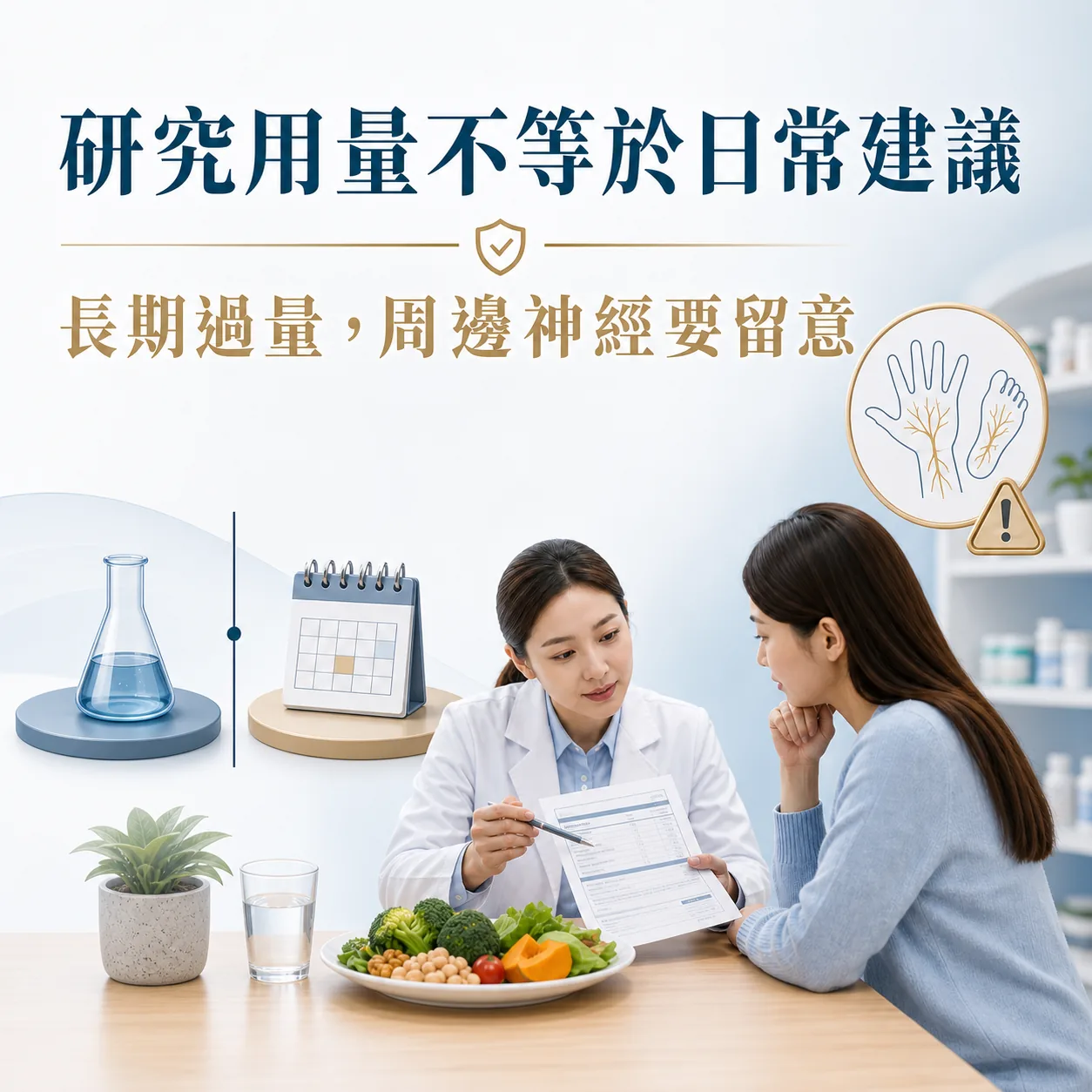 研究中的維生素 B6 使用量不能直接當作日常補充建議；長期過量可能影響周邊神經。