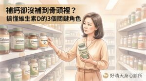中年女性在藥局比較鈣片與維生素D保健食品，好晴天身心診所衛教插圖