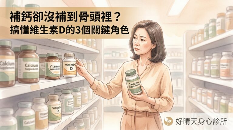 中年女性在藥局比較鈣片與維生素D保健食品，好晴天身心診所衛教插圖