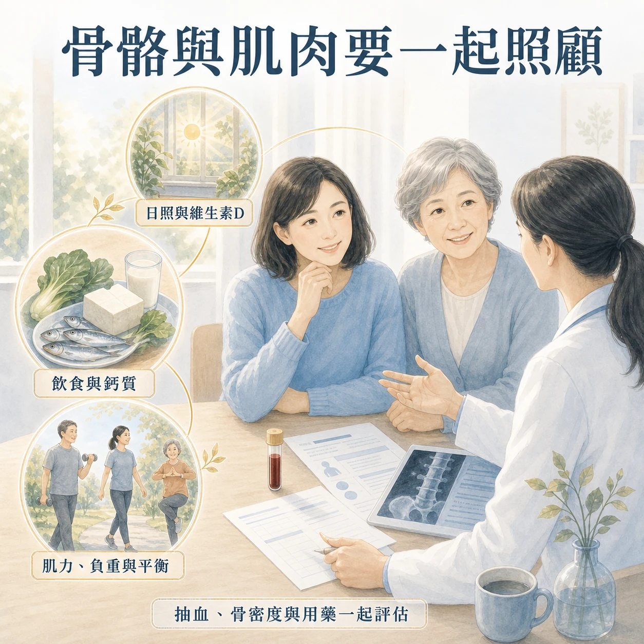 飲食日照肌力活動與個人檢查共同評估骨骼及肌肉健康