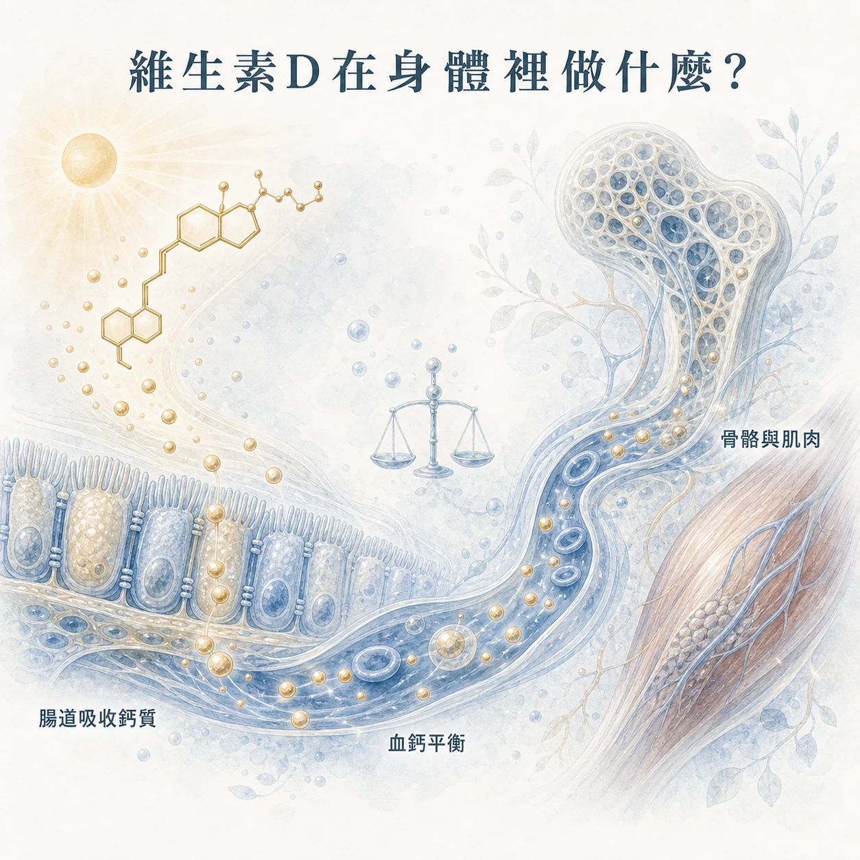 維生素D參與腸道鈣質吸收、血鈣平衡與骨骼肌肉運作的示意圖