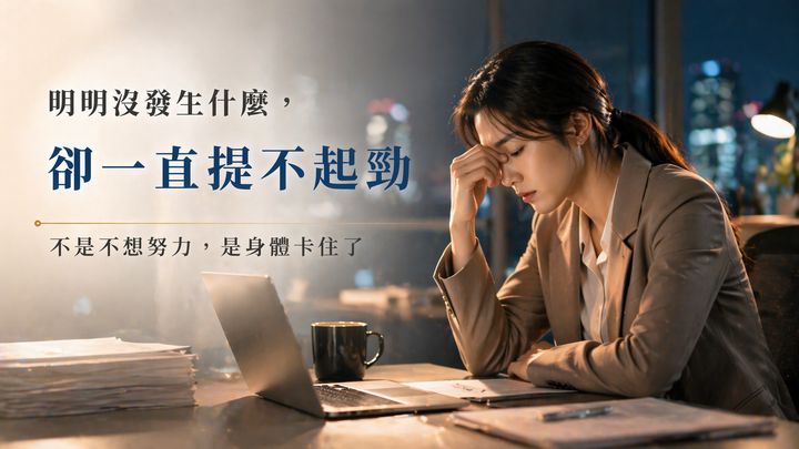 上班族女性在辦公桌前疲憊扶額，呈現明明沒發生什麼卻一直提不起勁的低落狀態。