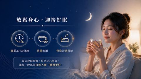 放鬆身心迎接好眠，睡前30-60分鐘適量飲用營造舒適環境