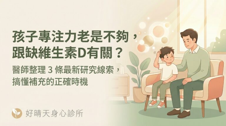 孩子專注力不夠跟缺維生素D有關？爸爸陪孩子坐在沙發上的插畫，好晴天身心診所