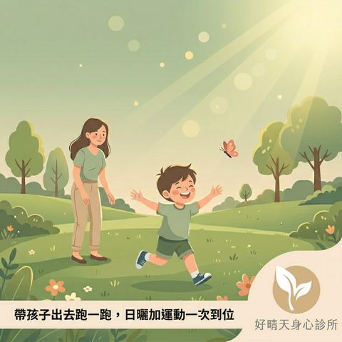媽媽帶孩子在戶外草地奔跑曬太陽的插畫，好晴天身心診所