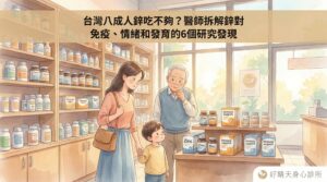 台灣八成人鋅吃不夠？藥局中媽媽帶小孩與老伯伯挑選鋅保健食品的水彩插畫，好晴天身心診所