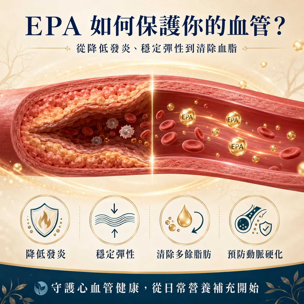 EPA 保護血管機制示意圖:降低發炎、穩定彈性、清除多餘脂肪、預防動脈硬化