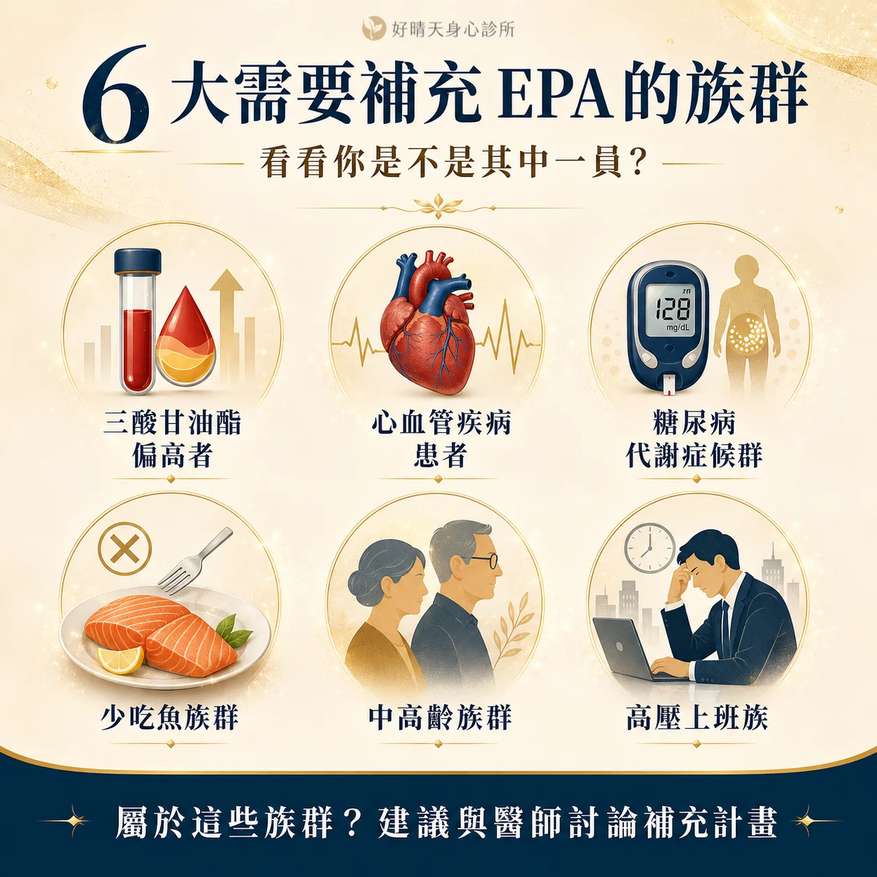 6 大需要補充 EPA 的族群:三酸甘油酯偏高、心血管疾病、糖尿病、少吃魚、中高齡、高壓上班族