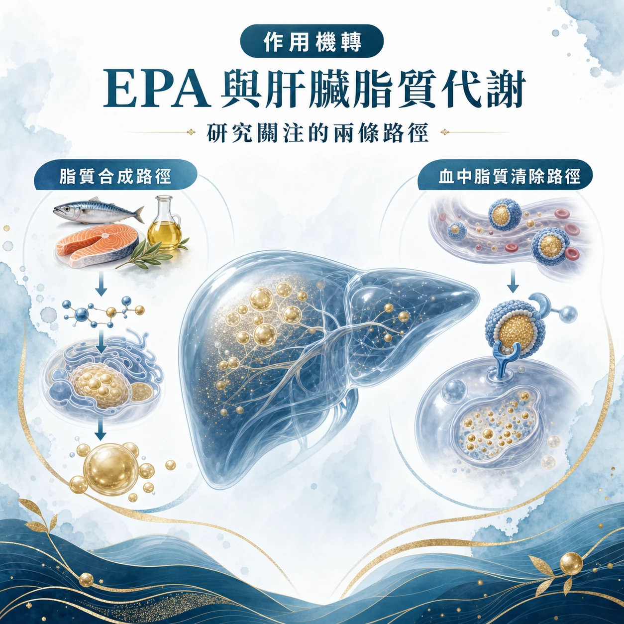 EPA 與肝臟脂質代謝研究示意圖：脂質合成路徑與血中脂質清除路徑