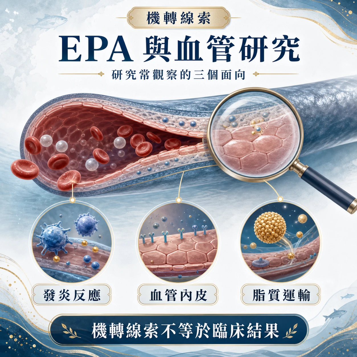 EPA 與血管研究示意圖：發炎反應、血管內皮與脂質運輸三個研究面向