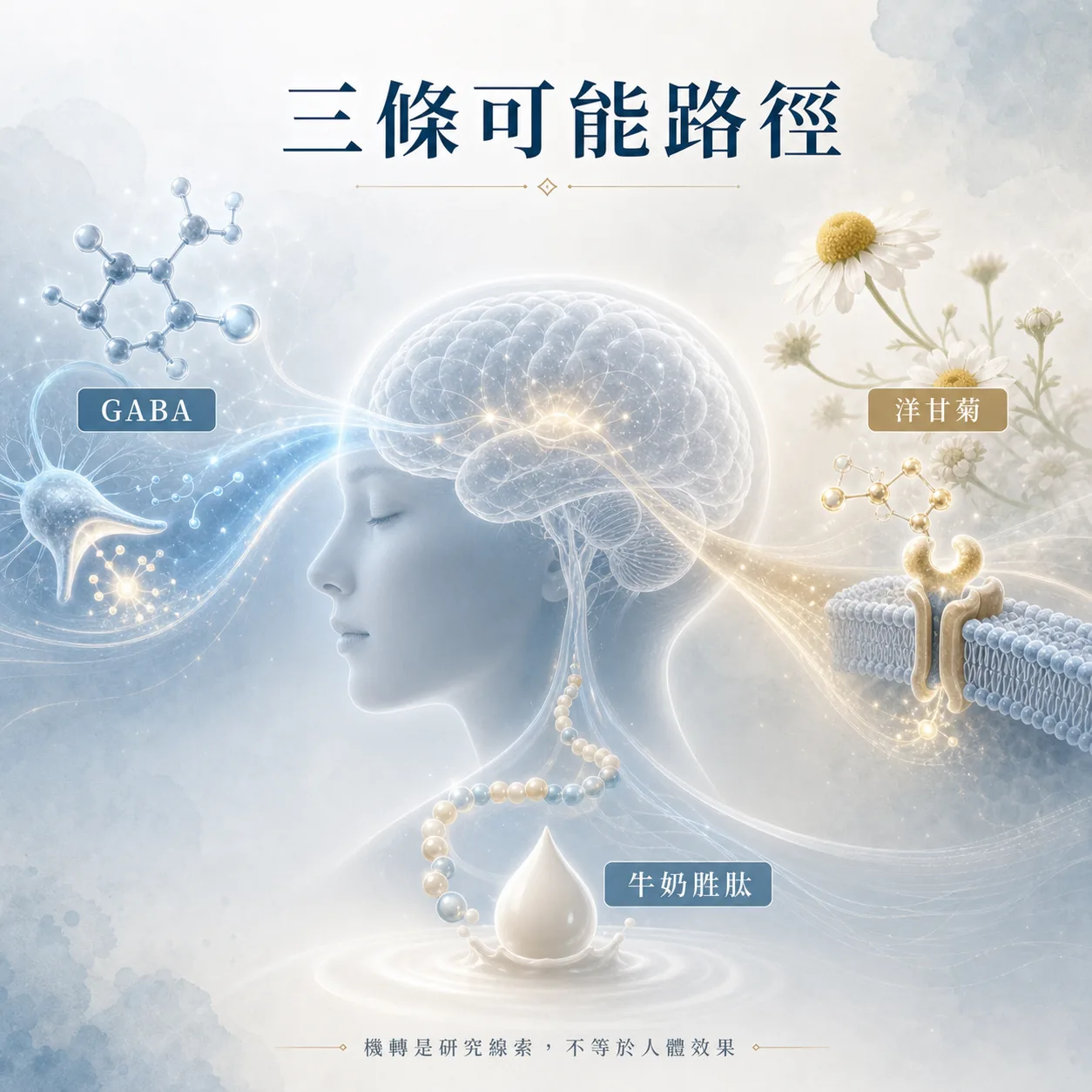 GABA、洋甘菊與牛奶胜肽三條可能作用路徑示意圖
