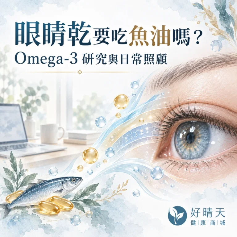 眼睛乾要吃魚油嗎?Omega-3 研究與日常照顧文章封面:眼睛、淚膜與魚油膠囊插畫,好晴天健康商城