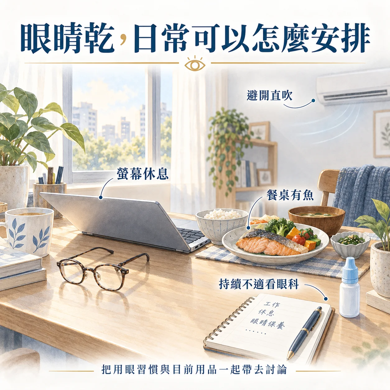 眼睛乾的日常安排示意圖:螢幕休息、避開冷氣直吹、餐桌有魚、持續不適看眼科