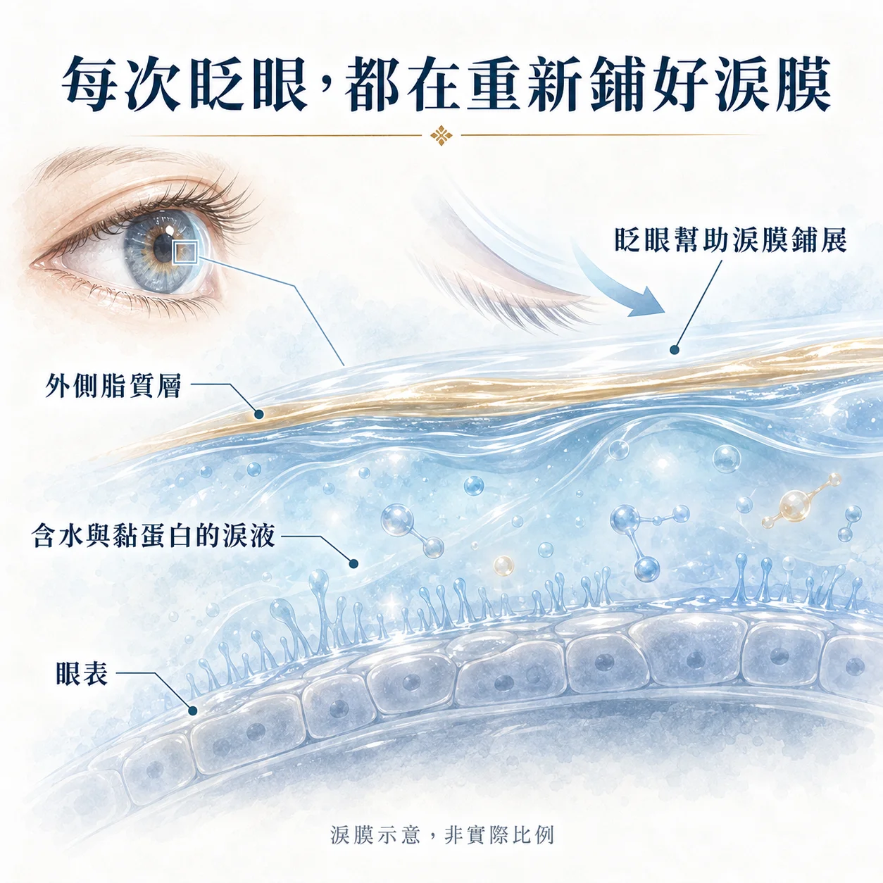 淚膜構造示意圖:外側脂質層、含水與黏蛋白的淚液、眼表,眨眼幫助淚膜鋪展