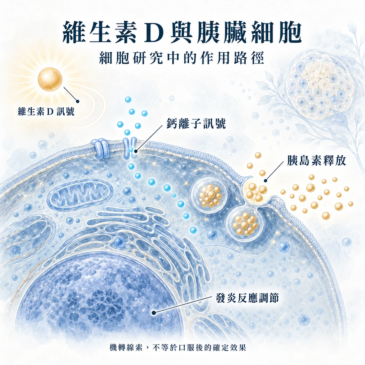 維生素 D 與胰臟細胞研究路徑示意:鈣離子訊號、胰島素釋放與發炎反應調節