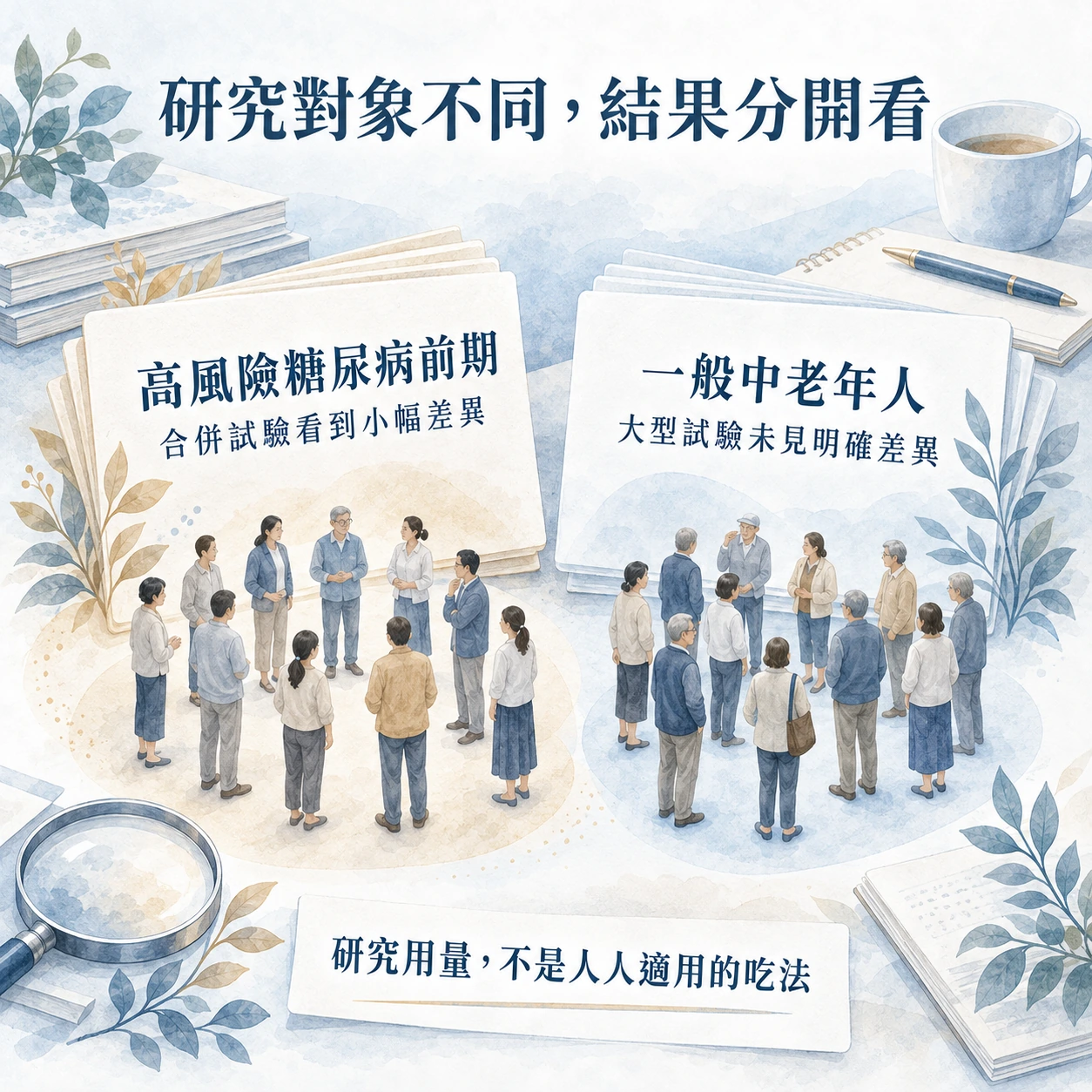 研究族群比較:高風險糖尿病前期合併試驗看到小幅差異,一般中老年人大型試驗未見明確差異