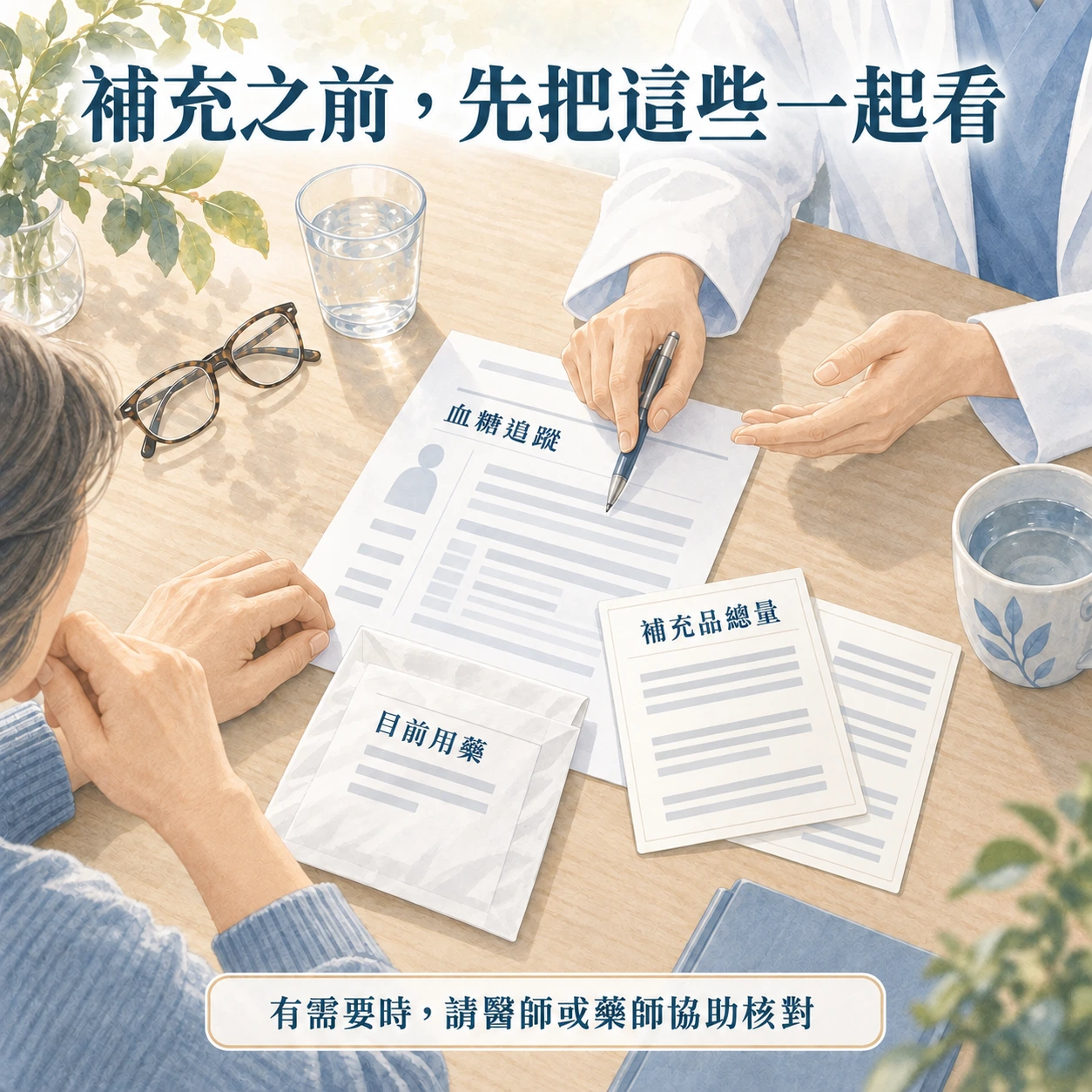 醫師與民眾核對血糖追蹤報告、目前用藥與補充品總量的諮詢情境